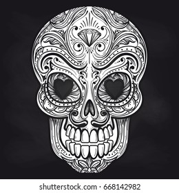 Hand drawn mexican skull on chalkboard background. Vector illustration