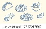 Hand Drawn Mexican Snack Set—Taco, Nachos, Burrito Line Art for Cinco de Mayo | Cinco de Mayo Mexican Food Icons—Taco, Nachos, Burrito and Guacamole Vector