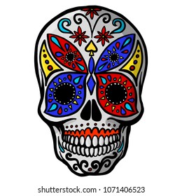 hand drawn mexican sugar skull with colorful butterfly pattern on the face as isolated vector file