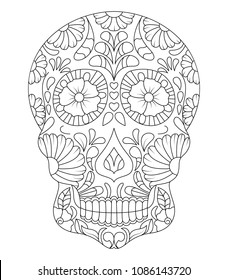 hand drawn mexican sugar skull with Flowers Patterns on the face as isolated vector file