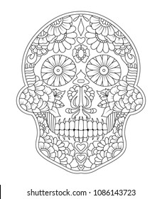 hand drawn mexican sugar skull with Flowers Patterns on the face as isolated vector file