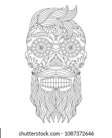 hand drawn mexican sugar skull with hair and mustache Design elements label, emblem, poster, t-shirt. Vector illustration