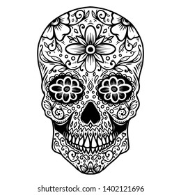 Hand drawn mexican sugar skull isolated on white background. Design element for poster, card, banner, t shirt, emblem, sign. Vector illustration