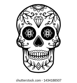 Hand drawn mexican sugar skull isolated on white background. Design element for poster, card, banner, t shirt, emblem, sign. Vector illustration