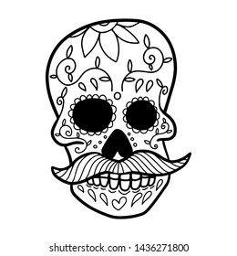 Hand drawn mexican sugar skull isolated on white background. Design element for poster, card, banner, t shirt, emblem, sign. Vector illustration