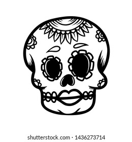 Hand drawn mexican sugar skull isolated on white background. Design element for poster, card, banner, t shirt, emblem, sign. Vector illustration