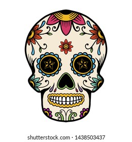 Hand drawn mexican sugar skull isolated on white background. Design element for poster, card, banner, t shirt, emblem, sign. Vector illustration