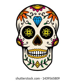 Hand drawn mexican sugar skull isolated on white background. Design element for poster, card, banner, t shirt, emblem, sign. Vector illustration