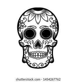 hand drawn mexican sugar skull isolated on white background. Design element for poster, card, banner, t shirt, emblem, sign. Vector illustration