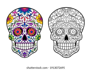 Hand drawn Mexican sugar skull and flowers pattern  Floral skull white background  Coloring page for adult 