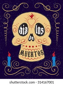 Hand drawn mexican sugar skull. Dia de los Muertos (Day of the Dead) poster.