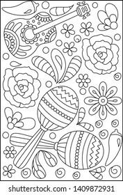 Hand drawn mexican sugar skulls Coloring Page. Mexican sugar skull for the Day Of The Dead Skull. Black contour for coloring book page design. Vector Illustration. 