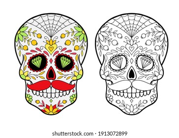 Hand drawn Mexican sugar skulls Coloring Page