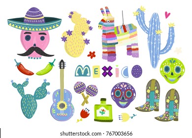 Hand drawn mexican symbols. Big colored set. All elements are isolated