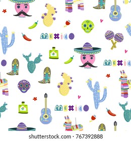 Hand drawn mexican symbols. Colored vector seamless pattern