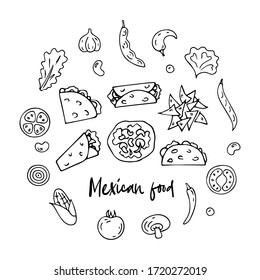 Hand drawn Mexican traditional food set with ingredients, burrito, tacos, quesadillas, nachos isolated on white background. Vector illustration for menu, poster, web. 