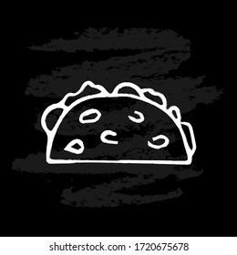 Hand drawn Mexican traditional food tacos icon isolated on black chalk board background. Vector illustration for menu, poster, web. 