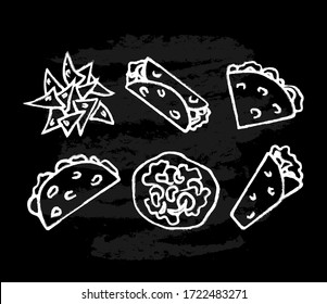 Hand Drawn Mexican Traditional Food Set. Burrito, Tacos, Tostados, Quesadillas, Nachos Isolated On Black Chalk Board Background. Vector Illustration For Menu, Poster, Web.