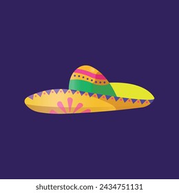 Hand drawn mexican traditional hat sombrero vector illustration on violet background. Mexico holiday celebration and fiesta party cartoon object. Cinco de Mayo, Day of the dead, Taco theme. 