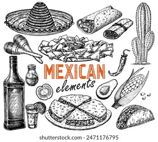 Hand drawn Mexico doodle set background. Tequila sketch. Engraving alcoholic drink and cactuses. Sombrero and castanets. Sketch vector illustration isolated on white background