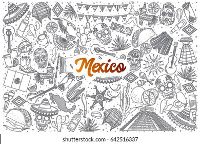 Hand drawn Mexico doodle set background with orange lettering in vector