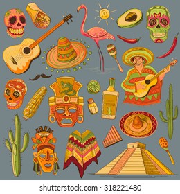 Hand drawn Mexico icons set - guitar, sombrero, tequila, taco, skull, aztec mask, music instruments. Isolated national elements made in vector.