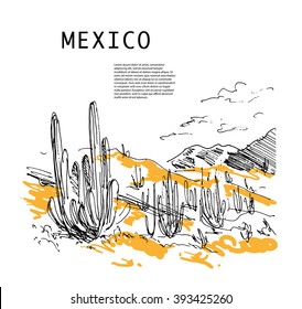 Hand drawn Mexico traveling landscape sketch. Nature drawing. Touristic sight seeing. Print, poster, leaflet design, book, article illustration. Memory postcard, invitation design.