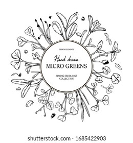 Hand drawn micro greens botany circle frame. Healthy vegetarian and vegan food design for company logo, print, packages. Vector illustration in sketch style