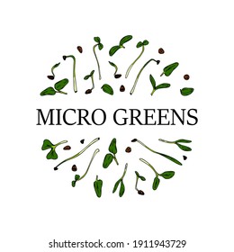 Hand drawn micro greens circle design. Healthy vegetarian and vegan food design for company logo, print, packages. Vector illustration
