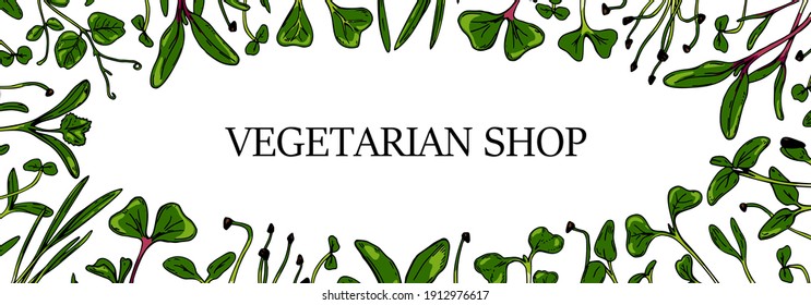 Hand drawn micro greens horizontal banner. Healthy vegetarian and vegan food design for company logo, print, packages. Vector illustration