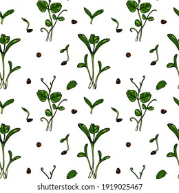 Patrón sin fisuras de micro verdes dibujados a mano. Ilustración vectorial en el estilo de esbozo de color aislado en fondo blanco