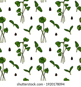Hand drawn micro greens seamless pattern. Vector illustration in colored sketch style isolated on white background