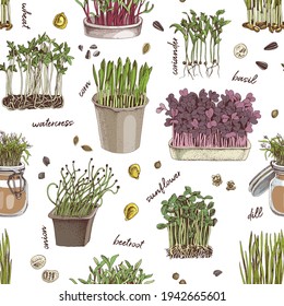 Hand drawn micro greens seamless pattern.