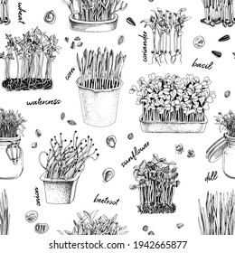 Hand drawn micro greens seamless pattern.