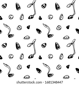 Hand drawn micro greens sprouts and seeds seamless pattern. Vector illustration in sketch style isolated on white background