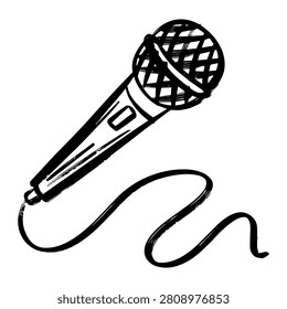 Hand drawn microphone doodle illustration with cable isolated on white background