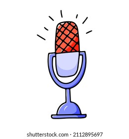 Hand drawn microphone, equipment for podcasting and broadcasting. Vector illustration in doodle style