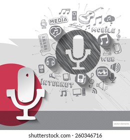 Hand drawn microphone icons with icons background. Vector illustration