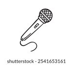 Hand drawn Microphone with wire isolated doodle icon. Musical item for singing, performances, karaoke. Vector illustration