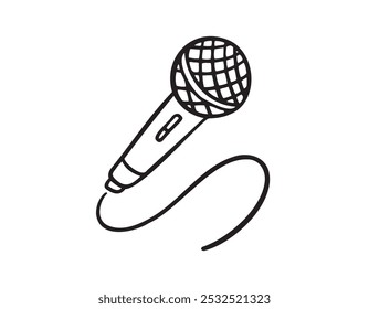 Dibujado a mano Micrófono con alambre aislado doodle icono. Artículo musical para cantar, actuaciones, karaoke. Ilustración vectorial