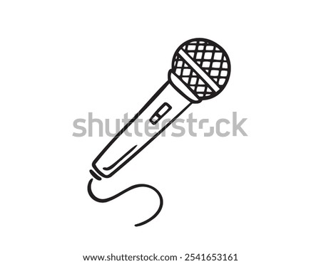 Hand drawn Microphone with wire isolated doodle icon. Musical item for singing, performances, karaoke. Vector illustration