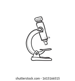 hand drawn microscope. line art chemistry, pharmaceutical instrument, microbiology magnifying tool. Symbol of science, chemistry and exploration. Vector lab microscope illustration isolated