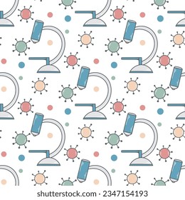 Hand drawn microscope and viruses seamless pattern. Background laboratory instrument for study of viruses, germs and bacteria. Chemistry, biology and microbiology equipment doodle style, vector