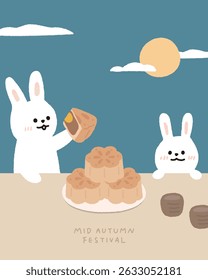 Hand drawn Mid autumn festival template background with moon cake and rabbits. 