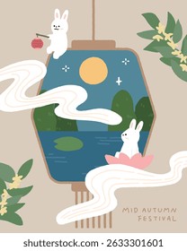 Hand drawn Mid autumn festival template background with lantern and rabbit.