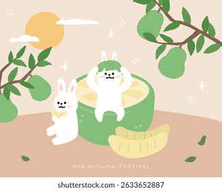 Hand drawn Mid autumn festival template background with  pomelo and full moon.