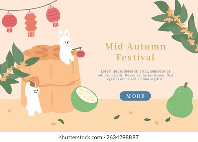 Hand drawn Mid autumn festival template background with moon cake, pomelo and rabbit.