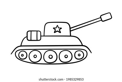 Hand Drawn Military Tank With Star. Children Drawing Of A War Tank. Vector Illustration Isolated On White Background.