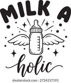 Hand drawn milk bottle doodle with holic text for dairy lovers design elements vector