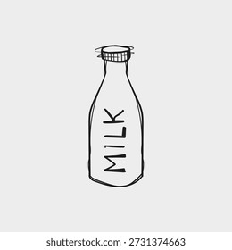 Hand drawn milk bottle with label in sketch style. Minimal vector illustration for dairy products, organic food packaging, branding and labels.